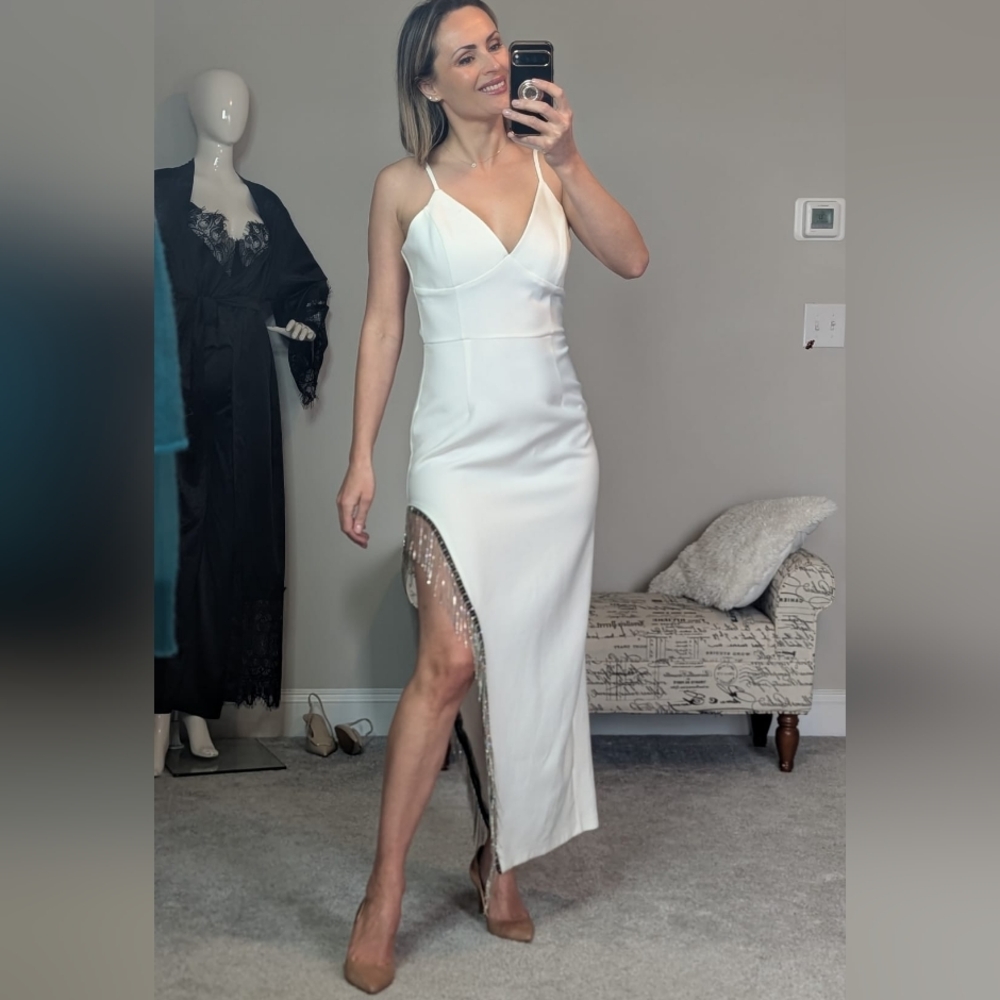 Elegant White Evening Dress with Beaded Slit